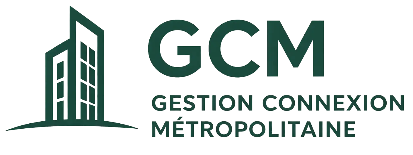 Logo avec, à gauche, le contour vert d'un bâtiment et, à droite, le texte GCM GESTION CONNEXION MÉTROPOLITAINE en lettres vertes et grasses.