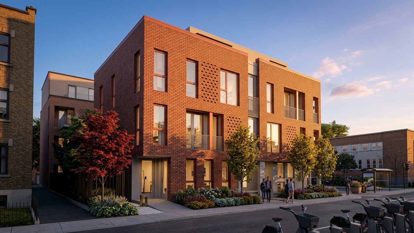 Immeuble en briques rouges de trois étages au coucher du soleil, avec balcons, arbres en fleurs le long du trottoir et vélos en libre-service au premier plan.