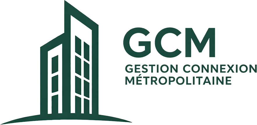Logo de Gestion Connexion Métropolitaine : silhouette verte de deux tours à droite duquel se lit GCM, Gestion Connexion Métropolitaine.